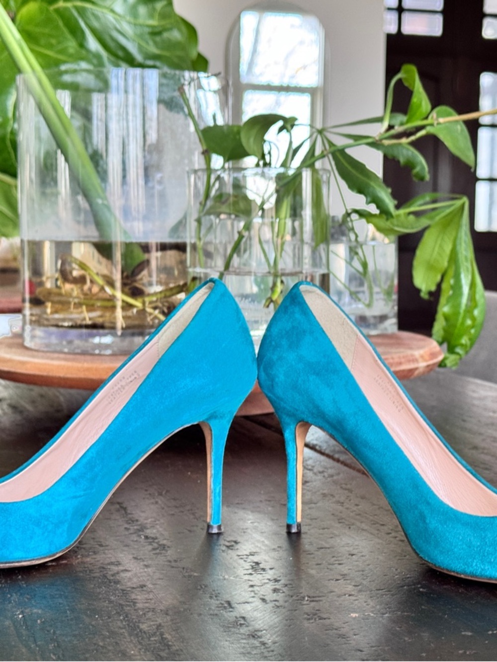 Turquoise Suede Pointed-T High Heels - Women's Dress Pumps - Picture 3 of 6